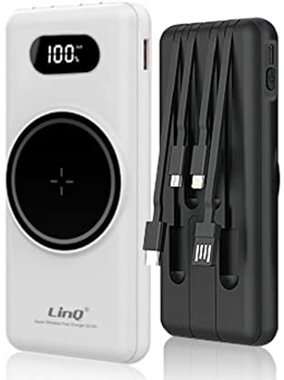 Aglow.it Power Bank universale Cavi Integrati 15000mAh 22,5W + Qi carica wireless, Caricatore Portatile Fast Batteria Esterna LED Display, 4 connettori USB C, USB Micro, USB, Lightning