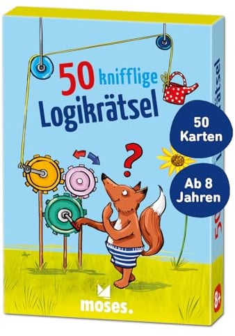 Moses 50 knepiga logikpussel – roligt pussel med tankesportuppgifter för barn från 8 år, 50 kort fulla av pusselbitar för smarta barn