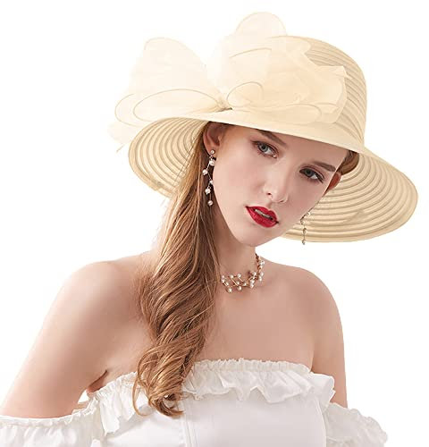Naimo Chapeau bibi élégant en organza pour femme - Avec large bord - Pour l'église du Kentucky - Pour le thé, les fêtes, les mariages, beige, taille unique