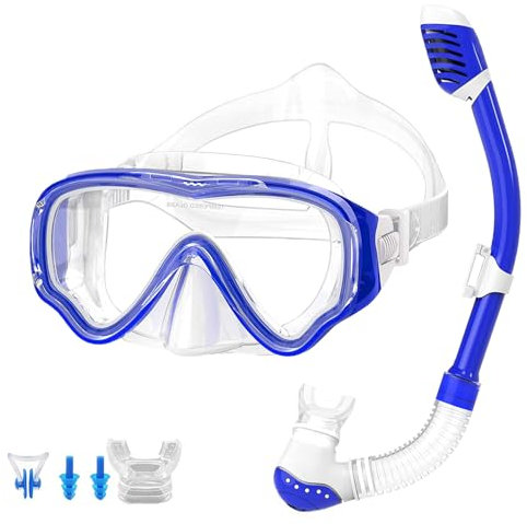 Schnorchelset, Kinder Tauchset, Tauchmaske aus Gehärtetem Glas, Anti-Leck Anti-Fog, ideal für Tauchen, Schnorcheln und Schwimmen, Dunkelblau Set (Kinder)