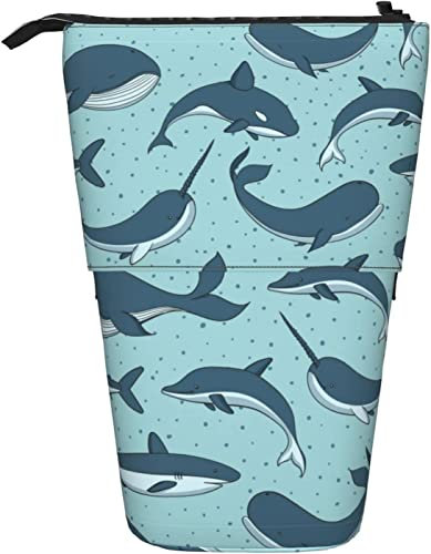 Torribala Teleskop-Federmäppchen, Delphin-Haifisch-Blau-Muster-Ständer, Bleistifthalter mit Reißverschluss, Make-up-Tasche, Federmäppchen, Federmäppchen