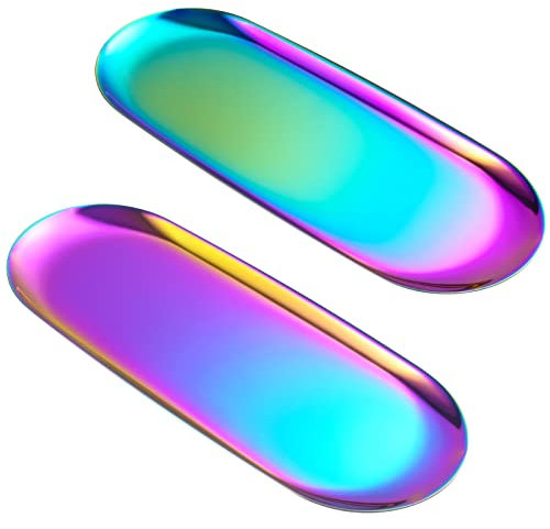 2 große ovale Edelstahl-Tabletts, Aufbewahrungstablett, Schmucktablett, Kerzentablett, Couchtablett. Länge: 30 cm, Breite: 12 cm, Regenbogenfarbe (Aurorafarbe)