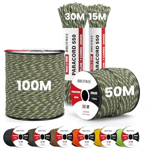 Brotree Paracord 550 4mm 100M 100% Nylon Seil Schnur Typ III mit 7 Stränge für Survival, Outdoor, Armbänder, Hundeleine - Bruchlast 250kg (Armee Grün Tarnung)