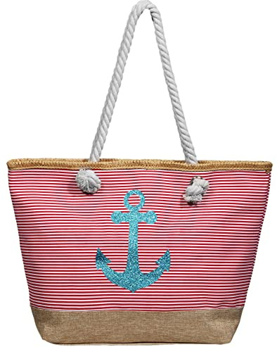Alimonera Schtrandtasche | Damen Handtasche aus Textil mit Anker Motiv | optimal für den Sommer | Maße: 49 x 34 x 13,5 cm | Schtrandtasche mit Anker |