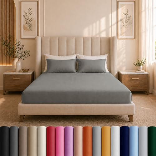 Moonlight Bedding Single Fitted Sheet - 25cm Deep Pockets Elastic Grey Fitted Bed Sheets - Brushed Microfiber Fade Resistant, Shrinkage & Wrinkle free Easy Care Fitted Single Bed Sheets (91 x 190 Cm)