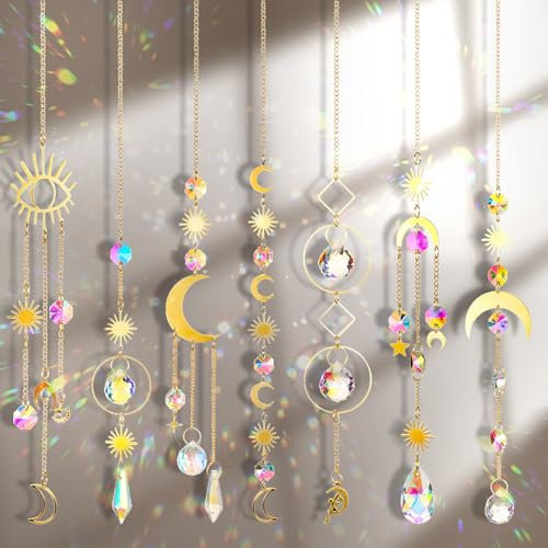 JOYSAL 7 Piezas Atrapasueños de Cristal: Estrella, Sol, Luna, Arco Iris, Colgante para Ventana, Casa, Jardín, Navidad, Día de Fiesta, Boda, Decoración