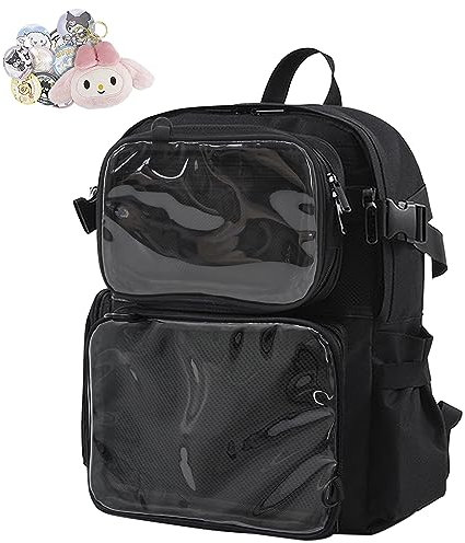 Ita Bag Backpack Kawaii Itabag Lolita Daypack Bookbag Itabag Clear Window for Pins Cosplay Daily Use Detachable 2 Way Use Unisex Dual Purpose Backpack Chest bag shoulder bag 2 in 1 (Black)