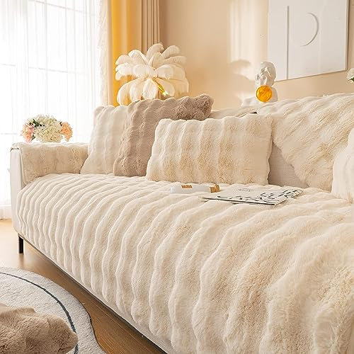LINGKY Couch Überzug, Sofa Überzug 1/2/3/4 Sitzer L Form Sofa Cover Sofabezug Ecksofa, Universelle Sofaschoner rutschfest, Plüsch Sofa Sitzkissenbezug für Wohnzimmer (Beige,70x150cm)