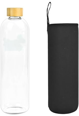 Bioidea Bouteille d'eau en verre 1,5 L 1500 ml avec couvercle en bambou verre borosilicate avec étui en néoprène noir écologique recyclable réutilisable sans toxique sans BPA