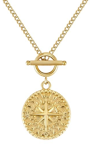 BONNYBIRD® Kompass Kette Damen Gold - Edelstahl Kette Kompass Anhänger Kette mit Knebelverschluss Goldkette Damen Anhänger Kompass Gold Coin Kette