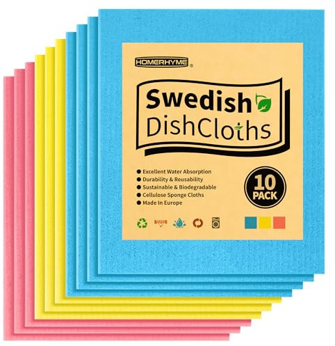 HOMERHYME Swedish Dish Cloths, 10 Pack, Cellulose & Cotton Blend, Absorbent, Biodegradable, Quick Dry, Non-Scratch, Multi-Surface, Kitchen Cloth, Blue, Pink, Yellow