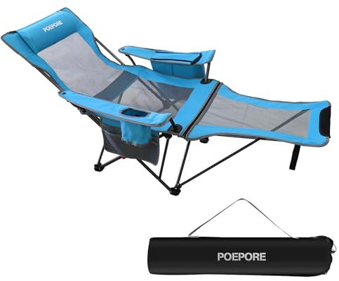POEPORE Campingstuhl Faltbar mit Fußstütze 4-Fach Campingstühle Strandstuhl Liegestuhl für Erwachsene 120kg Verstellbarer Klappbarer Angelstuhl mit Kühltasche Kissen Getränkehalter Blau
