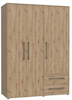 FORTE Jupiter Schrank 140 150, Kleiderschrank, Drehtürenschrank, 3-türig, mit 2 Schubladen und Einlegeböden, Holz Dekor: Artisan Eiche, 145 cm breit x 59 cm tief x 200 cm hoch
