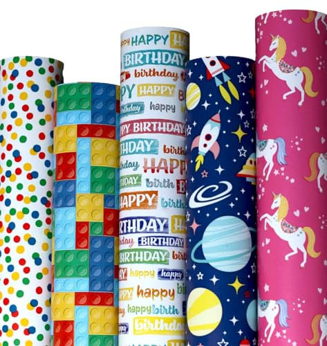 artwelten Home & Style Geschenkpapier Set – 5 Rollen XL (2m x 70cm), buntes Kinder Geburtstagspapier für Jungen & Mädchen, Designs: Einhorn, Kosmos, Bausteine, Punkte, ideal für Geburtstage & Taufen