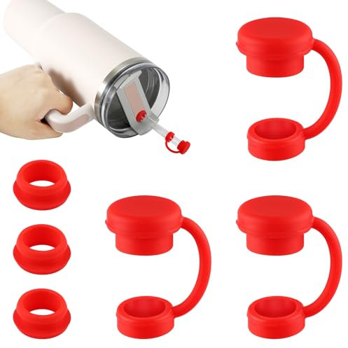 3pcs Spill Stopper with 3pcs Straw Cover for YETI, Silicone Straw Cover Topper Caps Leak Proof & BPA Free Compatible with YETI Straw Cups Tumbler Mug Accessories (Red)
