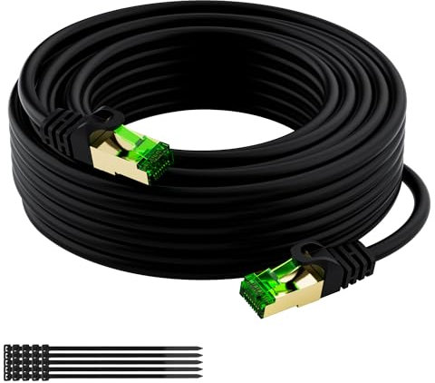 Cavo di rete Cat 8(Nero, 10 Metri)40 gbit per uso esterno e interno,cavo Ethernet S/FTP da 2000 MHz,cavo LAN,cavo patch,26AWG,Connettore placcato in oro+Verde trasparente+25 pezzi di cavi cravatte