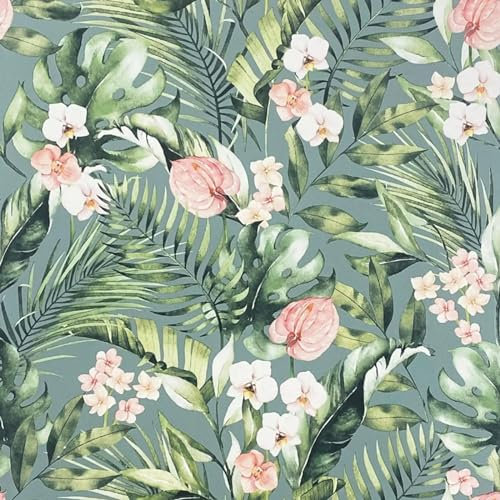SOPHIE LAURENCE Tropical Floral Wallpaper - Sea Breeze Blue, Pink Flowers, Green Palm Leaves, Smooth Matte Finish, Paper, 0.53m x 10.05m Roll, Wet Removable, Ideal for Living Room, Bedroom, Any Room