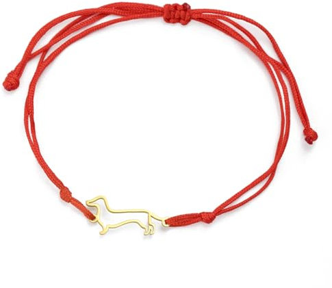 TEAMER Deliacte Dackel Armband Wurst Hund Wachs Seil Kettenarmband Edelstahl Dackel Liebhaber Haustier Tierschmuck für Frauen Männer (Gold - Rot)