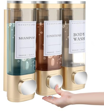 MEKOTRIN Soap Dispenser Bathroom Shampoo and Conditioner Dispenser Wall Mounted 300ML Container for Shower Gel Washing Up Liquid ABS No Drill Bathroom Accessories Set of 3(Gold)