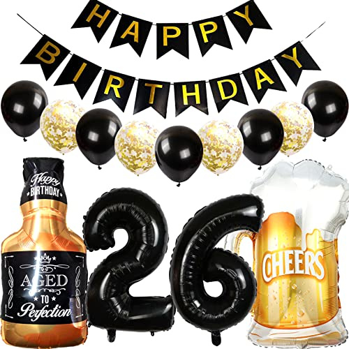 Feelairy Luftballons 26. Geburtstag Deko, Geburtstagsdeko 26 Jahre Mann Frau, Folienballon Whiskey Bierglas Ballon Weinflasche Bier Deko, Happy Birthday Banner für 26 Jahre Geburtstag Party Deko Set