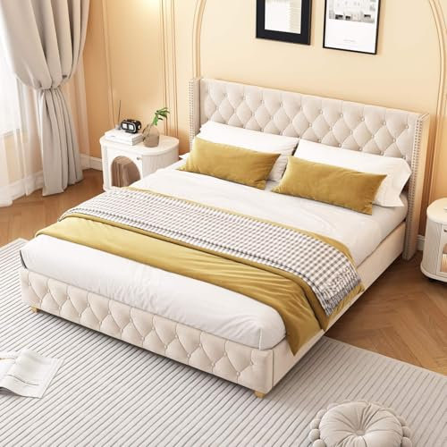 PUGSDRLY Lit Double 180x200 avec Sommier à Lattes,Lit 2 Places avec Tête Capitonné,Tissu de Velours,Design Rivets,Pieds en Bois,pour Enfant Adolescent Adulte,sans Matelas,Beige Clair