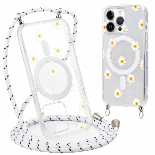 Yoedge Magnetisch Handyhülle Handyband für iPhone 11 Pro 5,8 Hülle mit Band, Transparent Case Kompatibel mit Magsafe, Silikon TPU Stoßfest Kordel zum Umhängen Schutzhülle mit Aesthetic Muster Daisy