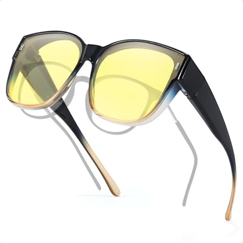 Myiaur Night Driving Fit Over Glasses for Women Polarised Yellow Lens for Safety Night Vision Anti Glare Headlight Glasses for Lightweight Frame