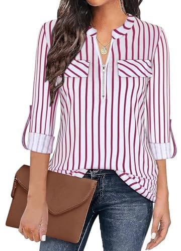 Gemulate Ladies Tops Red Striped Shirt for Women Zip Up Plaid Tunic Blouse 3 Quarter Sleeve Shirt for Women Floral Printed Shirts Long Tops to Wear with Leggings - Red White Stripe, L