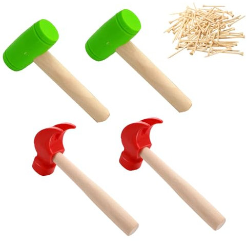 LUFEIS 4PCS Hammer Toys, Maintenance Tools Include 2pcs Red Claw Hammer, 2pcs Green Mallet Hammer, 40pcs Wooden Golf Tees, Simulation Wooden Mallet Pounding Toy for Toddlers Kids Girls Boys