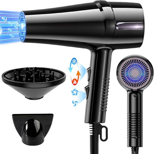 OYLCDI Secador de Pelo Iónico Profesional 2400W - Motor de Turbina, Difusor y Concentrador, 3 Temperaturas, 2 Velocidades - Negro