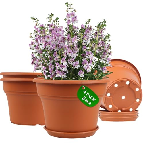 Pottiffe 8 Inch Plastic-Flower-Pot-for-Indoor-Plants, 4 Pack Large Outdoor Planter Pot with Drainage Holes & Saucers, Resin Decorative Garden Pots Planters