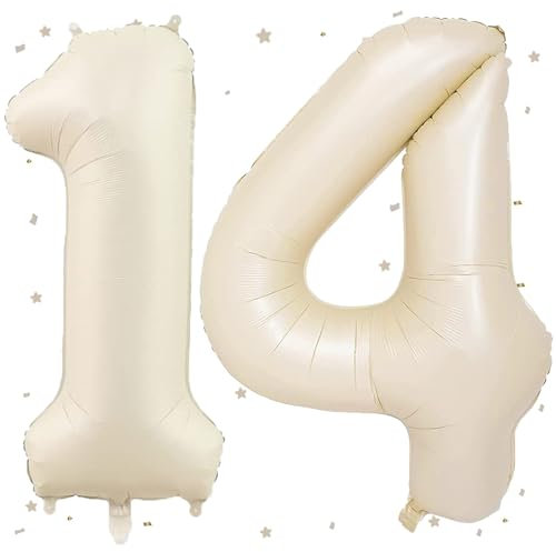 UDRKFOPK Beige Luftballon 14, 40 Zoll Folienballon 1&4, Beige Zahlenballon 14 Helium Ballon für 14th Geburtstag, Jahrestag, Party Deko