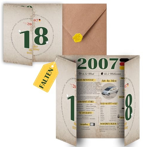 Sugeru Besondere Geburtstagskarte 18 mit Umschlag | 2007 Jahrgang Geschenk | 18 geburtstag frau mann | Sechzigsten Geburtstagsdeko lustig,Tolle Geschenkidee,Chronik,Karte,Jubiläum- DIN A4 (18 Jahre Ⅱ)