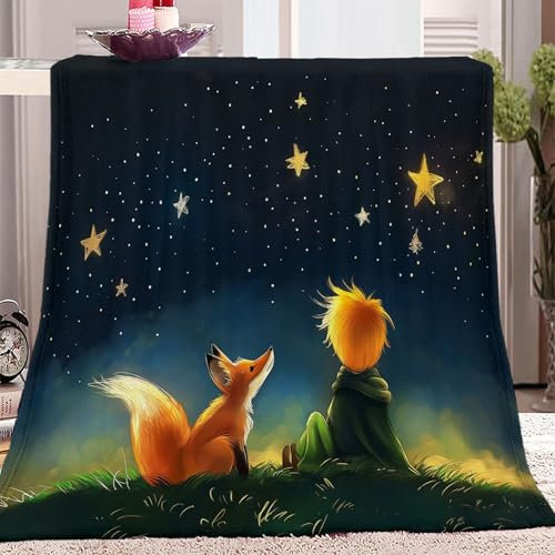 Kuscheldecke 130 x 150 cm Mikrofaser Flanell-Plüsch-Überwurfdecke Fuchs Sternenhimmel Prinz Muster Decken für das Winterschlafzimmer dekorativ Klimaanlagendecke Bunt Warme Bequeme Reisedecke