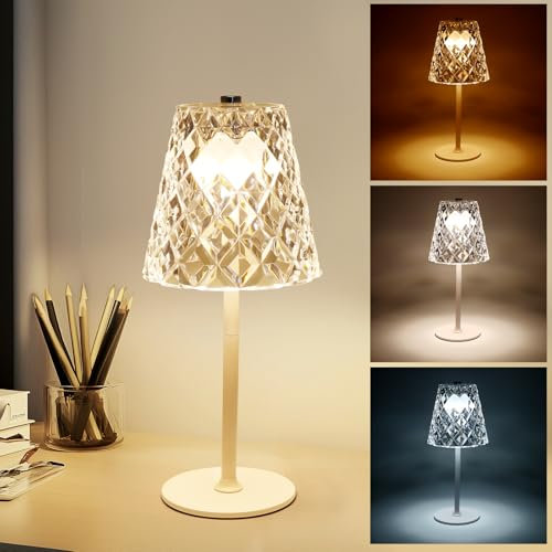 Kinberry Table Lamp, Dimmable Bedside LED Battery Operated Lamp with Crystal Shade, 3 Colors, Touch Control, 300LM Brightness, Type-C Charging, Indoor/Outdoor Use