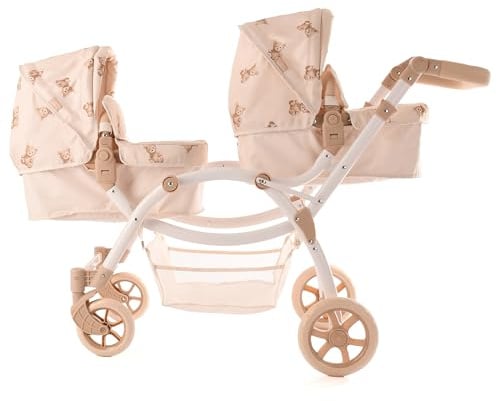 Roma Teddy Doppelkinderwagen für Fernglas – Spielzeugkinderwagen für Mädchen und Jungen, Kinderwagen mit verstellbarem Griff (50-88 cm), Wickeltasche, faltbares Gestell, 2-in-1, ab 3 Jahren