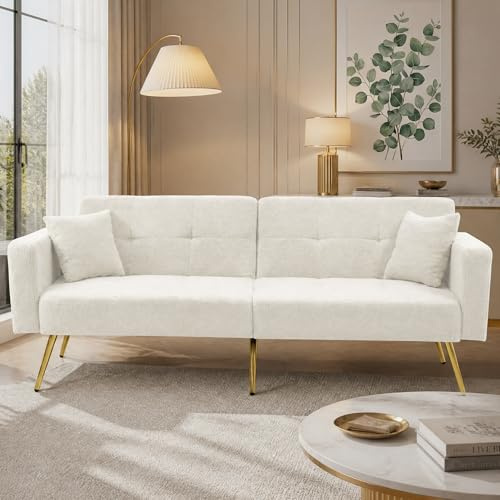 ModernLuxe Adjustable Sofa Sherpa Fabric Sofa Bed – 3 Reclining Angles, Gold Legs, High-Density Foam Cushion, Side Storage Pockets – Modern Convertible Sofa for Living Room & Guest Use White