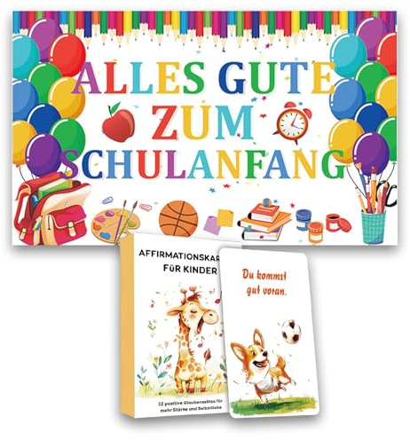 32 Stück Affirmationskarten Kinder und Schulanfang Schulkind Willkommen Banner 110*180cm, Einschulung Junge Deko 2025 und Mutmachkarten für Kinder, Schuleinführung, Motivationskarten, Mädchen