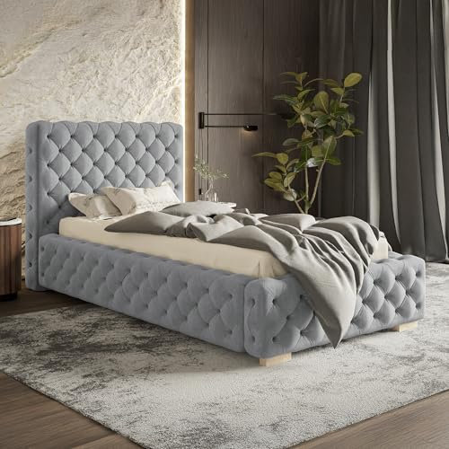 MOTIVENA Dianna Chesterfield Bett 90x200, Polsterbett 90x200, mit Bettkasten, mit Stauraum, mit Lattenrost, mit Kopfteil, ohne Matratze, Bett Samt, Grau Hellgrau