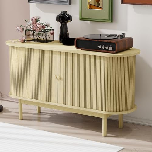 Azkoeesy TV-Schrank Sideboard Buffet 138 cm, Retro Schrank mit 2 Schiebetüren, 4 Fächer, Bodenschutz, Kiefernholzbeinen (Natur)