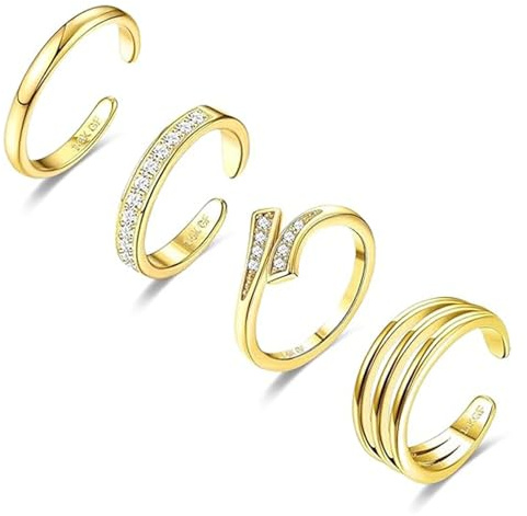 BelleVive 4-teiliges Zehenring-Set für Damen, verstellbar, 14 Karat Gold gefüllt, einfaches, süßes, dünnes Band, hawaiianischer Strand-/Sommer-Fußschmuck, wasserdichte goldene Zehenringe