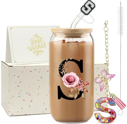 ZIOSINM Vaso con Pajita Letras A-Z, 500ml Vaso Cristal con Tapa y Pajita, Regalos Originales para Mujer, Ideal Regalos de Cumpleaños para Madre, Profesora, Mejore Amiga, Mujer (S)