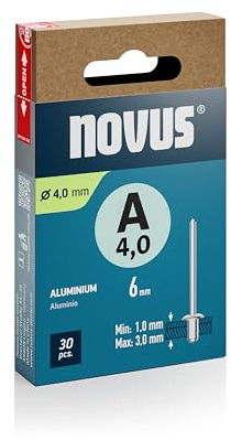 Novus Tools Aluminium-Blindnieten Ø 4,0 mm, 6 mm Länge, 30 Nieten, 1,0-3,0 mm Klemmlänge, ideal zur Befestigung von Nichteisen-Metall, Kunststoff, Leder und Stoffe