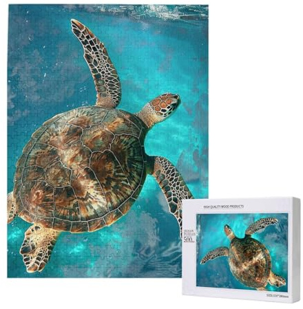 Schwimmende Schildkröte Meer Gedruckt Puzzle mit Aufbewahrungsbox, Holzpuzzle für Erwachsene und Kinder, 500 Teile Familie Spaß Dekoratives Spiel