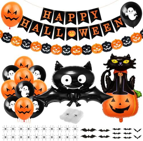 Halloween Deko Luftballons, Happy Halloween Banner, Spinnennetz, Fledermaus Aufkleber, Foilenballons Fledermaus Katze für Kinder Garten Party Deko