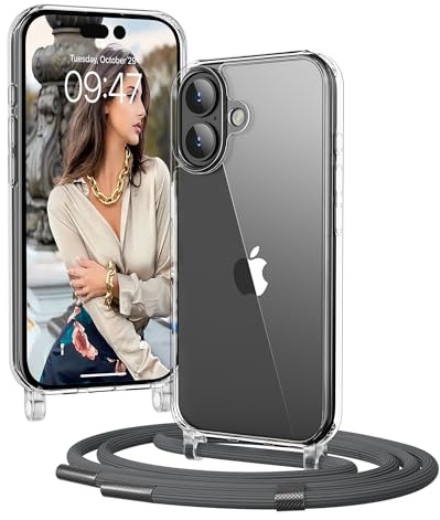 OLEPHY Handykette für iPhone 17 Hülle mit Band, Grau | Necklace Handyhülle, Transparente Schutzhülle zum Umhängen [Verstellbarem und Demontage Umhängeband],