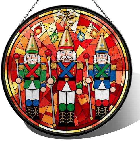 Christmas Nutcrackers Soldiers Stained Glass Window Hanging, 7.9 Nutcracker Soldiers Sun Catcher Glass Panel with Chain, Nutcracker Christmas Decor Handmade Suncatchers Xmas Gifts for Women Sister