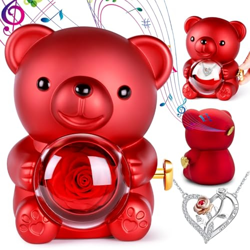 Aloskart Ewige Rosen Bär mit Kette und Musikdose, Geschenk für Frauen | Geburtstagsgeschenk für Freundin Mama Meine Frau, Eternal Rose für Valentinstag Weihnachten Neujahr, Süße Liebes Geschenk