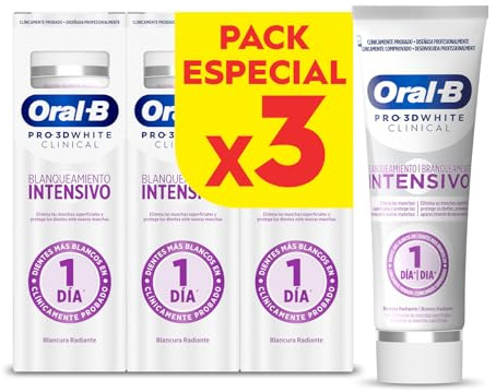 Oral-B Pro 3D White Clinical Dentífrico Blanqueante, 3x75ml | Pasta de Dientes Blanqueadora con Sabor a Menta Siempreverde, Elimina Las Manchas Superficiales, Blanqueamiento Intensivo