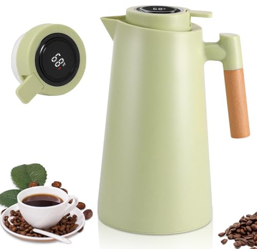 OUZHOU Thermoskanne 1L, Doppelwandige Vakuum Isolierkanne Kaffeekanne, Thermoskanne mit Temperaturanzeige und Massivholzgriff, Kaffeekanne Thermo für Wärme Kälte, Thermoskannen für Tee, Getränk Grün